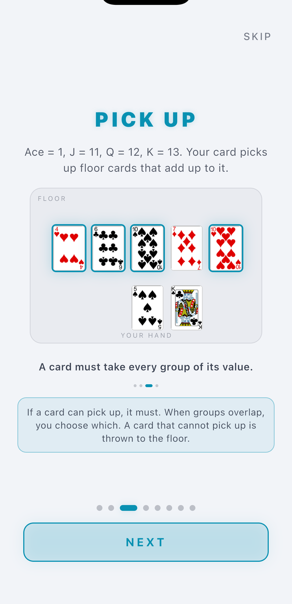 The Pick Up rules slide with an animated demo of a 10 picking up a 10 and a 4 plus 6